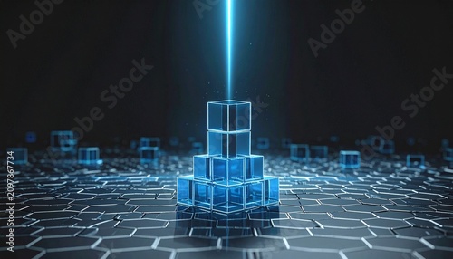 Glowing Blue Cube Pyramid with Light Beam Symbolizing Blockchain, Data Networks, and Futuristic Photography Design