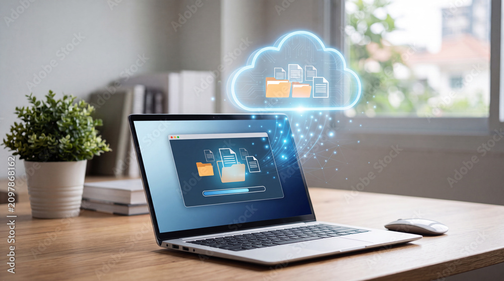Fototapeta premium Cloud computing data transfer laptop cloud file folder network storage upload download synchronization digital technology internet data computing server backup online wireless office desk