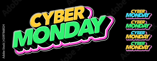 Text Cyber Monday in 3D style, special promo discount event and sale week. Cyber Monday deal, text icon set for promotion. Cyber Monday tag for shops, isometric title in pop art style, vector set