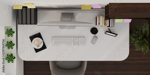 Top view A computer with a bookshelf,The advertisement is a simulated 3D visual representation.