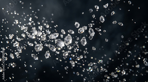 Quartz crystal particles floating in air. Mineral dust motes suspended