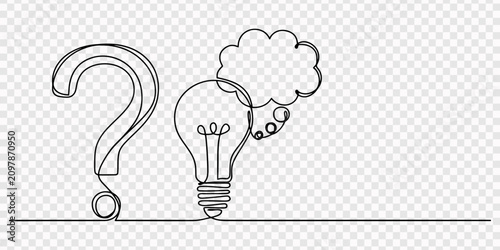 light bulb and speech bubbles continuous one line drawing, Hand drawn one line vector. Quick tips. transparent background, Hand-drawn vector with light bulb, question mark, and speech bubbles. Minimal