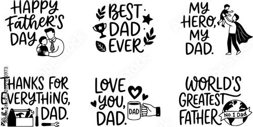 Fathers day calligraphy quotes. Hand drawn fathers day quote cards, best dad lettering vector illustration set. Happy fathers day calligraphy phrases