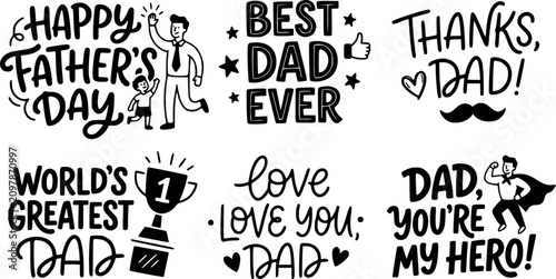 Fathers day calligraphy quotes. Hand drawn fathers day quote cards, best dad lettering vector illustration set. Happy fathers day calligraphy phrases
