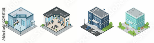 Isometric modern office buildings and bank interior set vector illustration