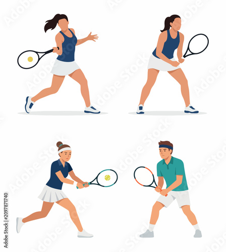 Vector illustrations of male and female tennis players in active poses holding rackets and hitting balls isolated on white background