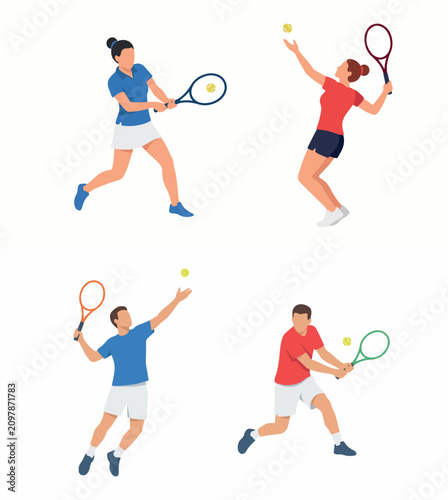 Group of Male and Female Tennis Players in Dynamic Action Poses Playing Match on Court