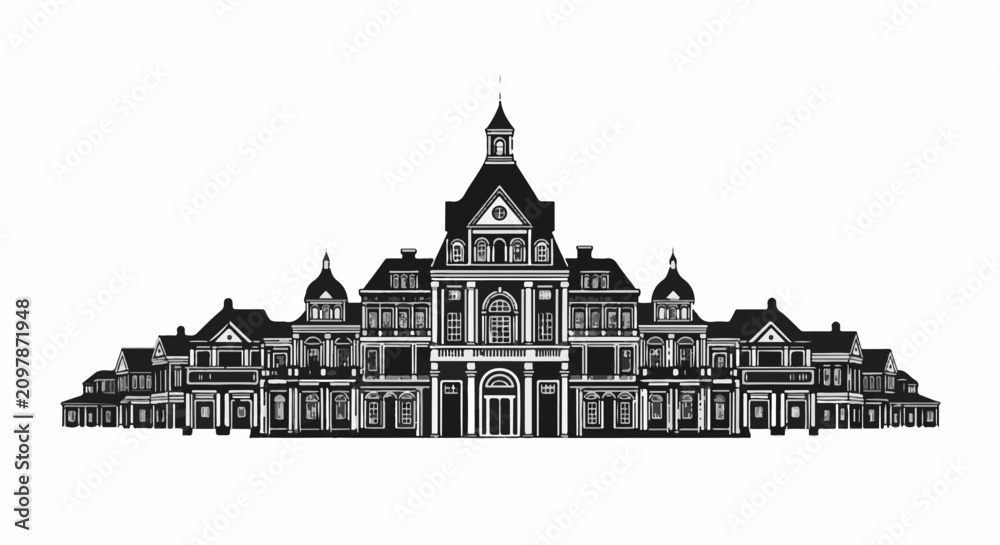 Obraz premium Ornate large building with a central tower and symmetrically arranged wings in a detailed linework style