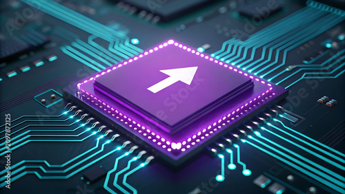 Futuristic AI microchip with glowing circuits. Advanced technology processor for machine learning and data analysis.
