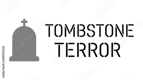 Quadro em tela Tombstone Terror Logo: A stark grey tombstone silhouette stands beside bold, stencil-like lettering spelling TOMBSTONE TERROR