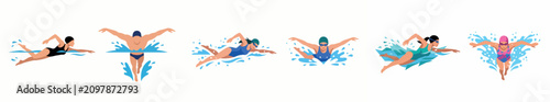 Set of Diverse Professional Swimmers Performing Different Swimming Styles in Competitive Water Sport Vector Illustration