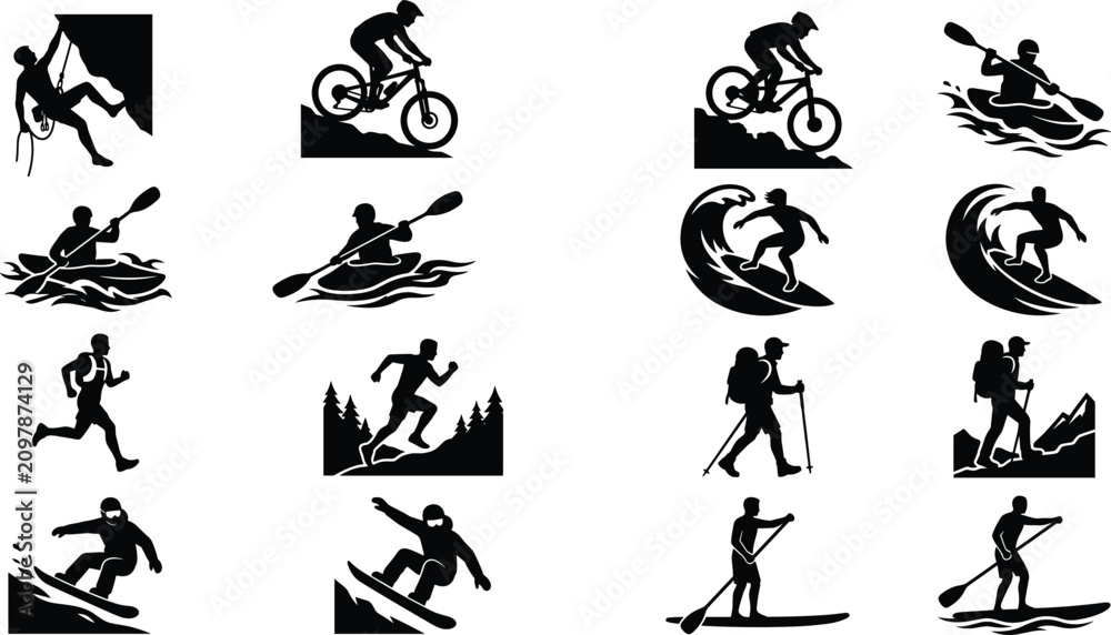 Fototapeta premium Adventure and extreme sports silhouette vector icons set for outdoor activity and active lifestyle branding