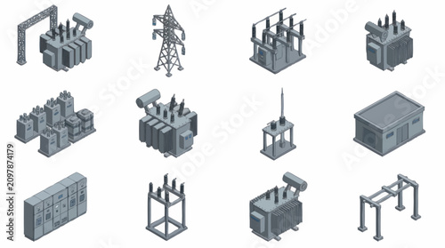Isometric collection of industrial power equipment and structures.