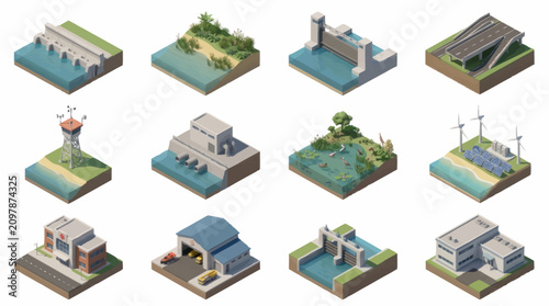 Isometric illustrations of eco friendly sustainable buildings and energy.
