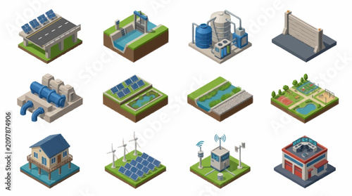 Isometric pixel art buildings and industrial structures set.