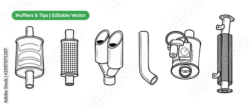 Foto Exhaust muffler system vector set featuring editable automotive spare parts, dual tips, pipes, and resonators for technical schematic and car repair maintenance graphic design concepts