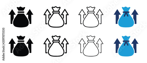 Money bag with arrows pointing up symbolizing growth and increase in wealth and finance  business and investment concept