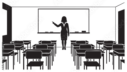Black and white silhouette of a female teacher standing in front of a classroom whiteboard teaching students in an empty academic lecture hall setting