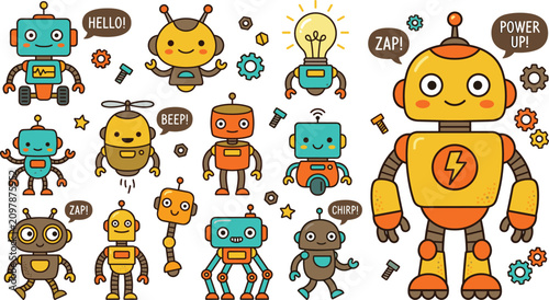 Cute cartoon robot character set featuring friendly colorful mechanical androids gears speech bubbles and futuristic vector illustration elements