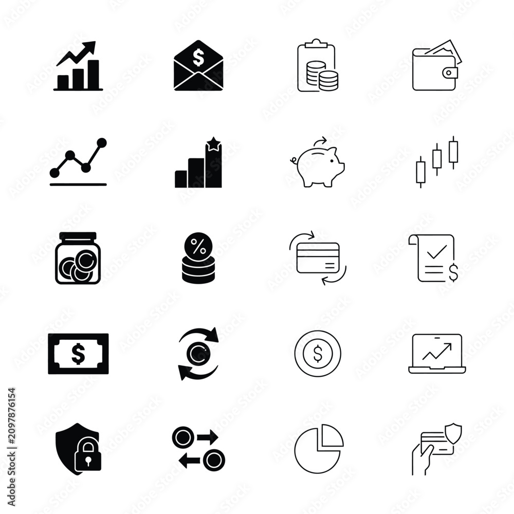 Fototapeta premium Money and finance icons with banking, payments, savings, investment and income concepts. Black filled symbols for financial apps, fintech, business dashboards, accounting and corporate projects.