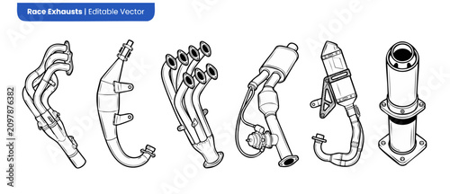 Konstfotografi Car exhaust manifold line art vector illustration set featuring racing headers, muffler pipes, and automotive performance parts for vehicle tuning, mechanical repair schematics, and engineering icons
