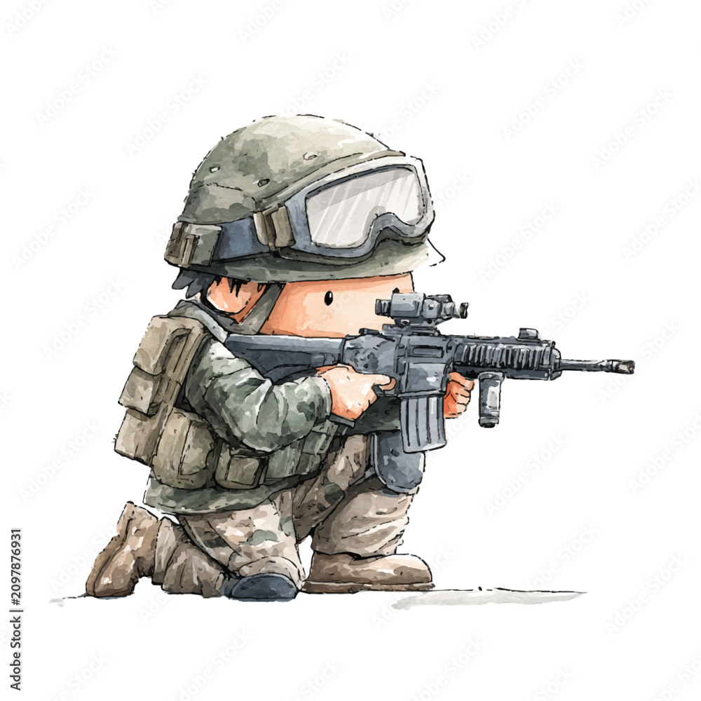 Obraz premium Cartoon soldier in combat gear aiming.