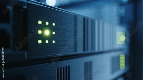 Black Server Rack Hardware with Glowing Green Indicators in Cool 9000K Ambient Data Center Light