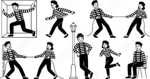 Mimes characters. Silent actors, pantomime and comedy performing, funny mimic poses. Male and female mimes characters vector illustration set