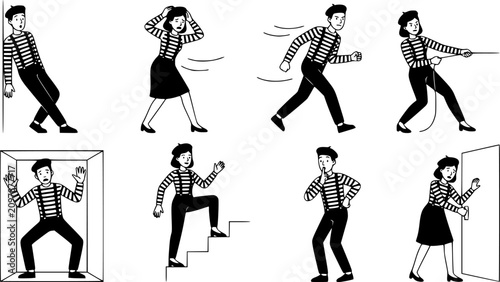 Mimes characters. Silent actors, pantomime and comedy performing, funny mimic poses. Male and female mimes characters vector illustration set
