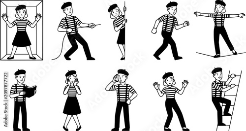Mimes characters. Silent actors, pantomime and comedy performing, funny mimic poses. Male and female mimes characters vector illustration set