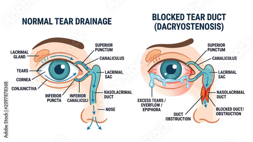 Tableau sur toile Normal Tear Drainage vs Blocked Tear Duct (Dacryostenosis) Anatomy Diagram