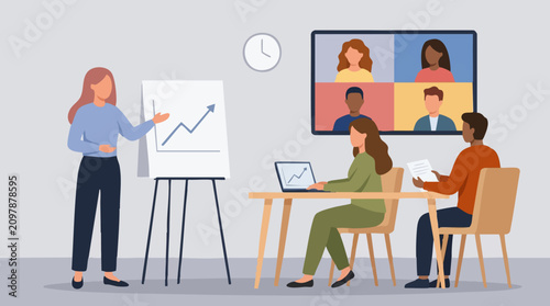 Tableau sur toile Business team conducting a hybrid meeting with presentation and video conference