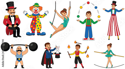 Tableau sur toile Circus Performer Collection with Ringmaster, Clown, Acrobat, Juggler, Stilt Walk