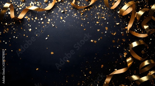 Luxury celebration background with shimmering gold streamers and sparkling dust particles