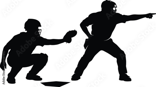 Tableau sur toile Baseball umpire and catcher silhouettes at home plate out sign signal isolated o