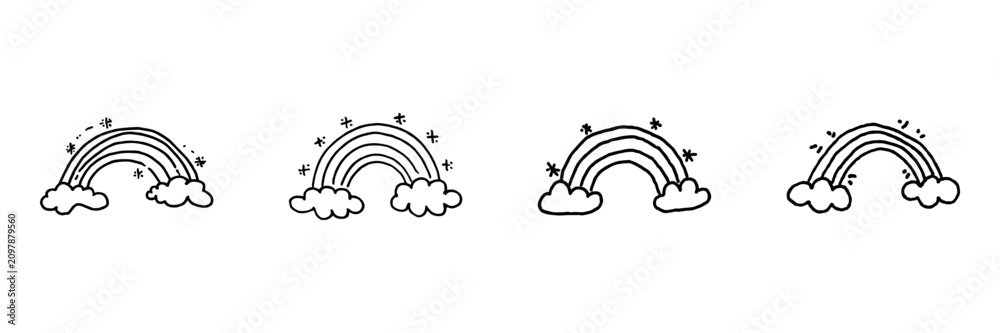 Obraz premium Rainbow And Cloud Hand Drawn Doodle Icon Set. Weather, Hope, Joy And Sky Symbol Collection. Nature And Seasonal. Isolated Vector Illustration