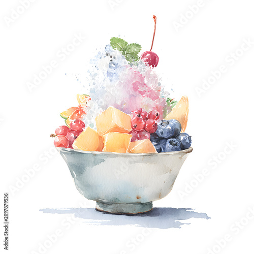 Korean Bingsu Shaved Ice Dessert with Fresh Fruit Watercolor Illustration, AI Generated