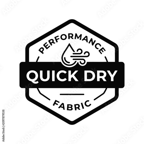 Quick dry fabric performance stamp icon. Textile moisture wicking label for sportswear and apparel.
