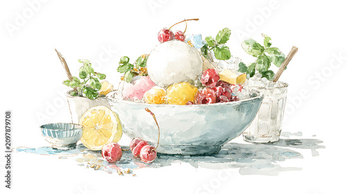 Korean Bingsu with Ice Cream Watercolor Illustration, AI Generated