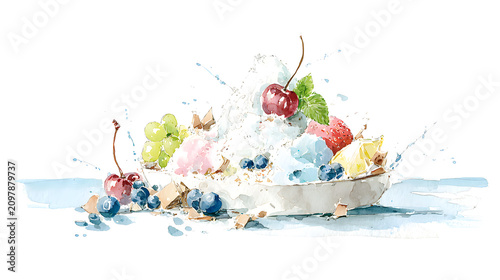 Refreshing Korean Shaved Ice Dessert Watercolor Illustration, AI Generated