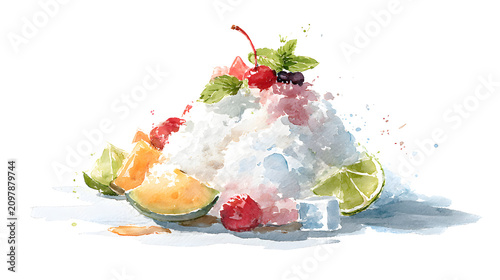 Korean Fruit Shaved Ice Watercolor Illustration, AI Generated