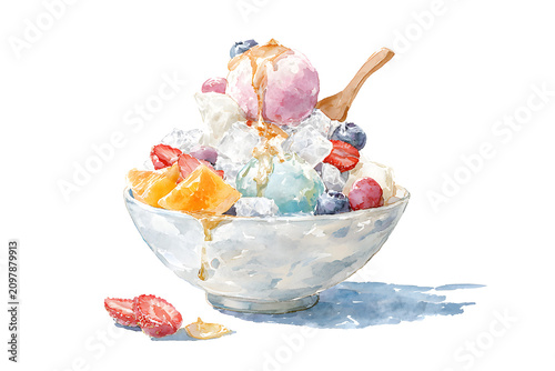 Traditional Korean Bingsu Dessert with Fruit Watercolor Illustration, AI Generated