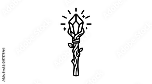 Magical crystal staff with glowing light and leaves