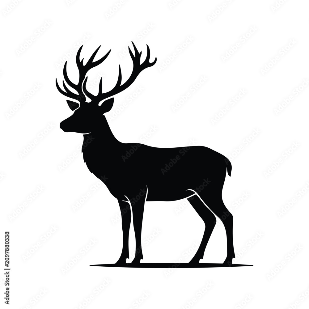 Obraz premium Black silhouette of a deer with large antlers on a white background, animal logo or icon.
