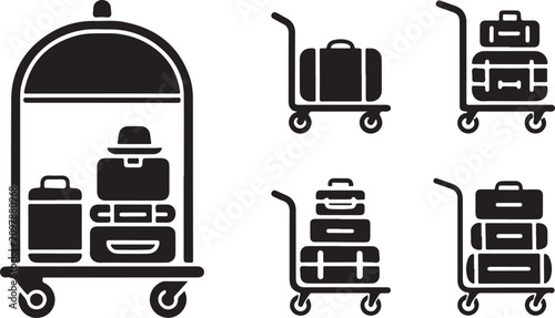 Tableau sur toile Luggage Carts Silhouette Icons Black And White Vector Illustration Set