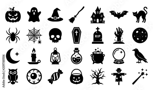 Minimal Halloween black silhouette vector icon set featuring ghosts pumpkins witches bats skulls and spooky seasonal objects isolated on white background