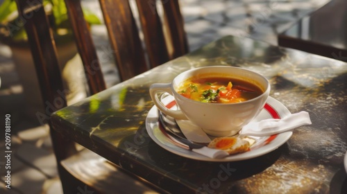 This vibrant food photography captures a bowl of Tom Yum Soup, the iconic Thai hot and sour soup, known for its bold flavors of lemongrass, lime, chili, and galangal. The clear, aromatic broth is fill