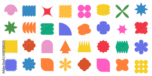 Vibrant abstract shapes and geometric elements perfect for trendy graphic design projects, stickers, and colorful pattern backgrounds with playful organic forms