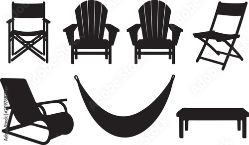 Quadro su tela Outdoor Furniture Silhouettes On White Background adirondack