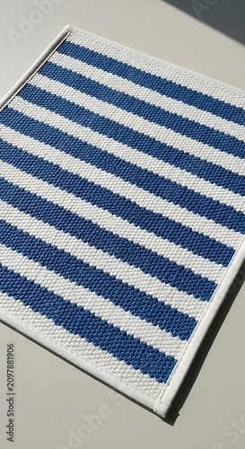 Blue and white striped fabric texture close up.